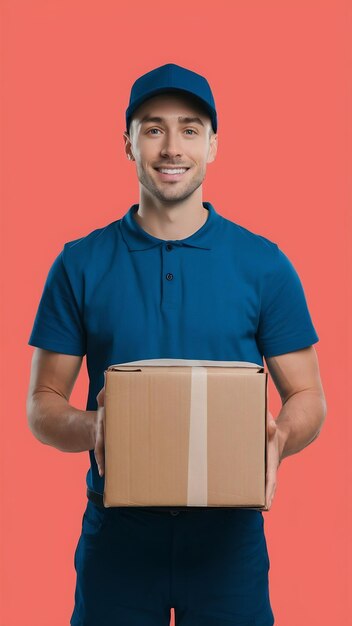 Photo handsome young delivery man with box isolated on white background