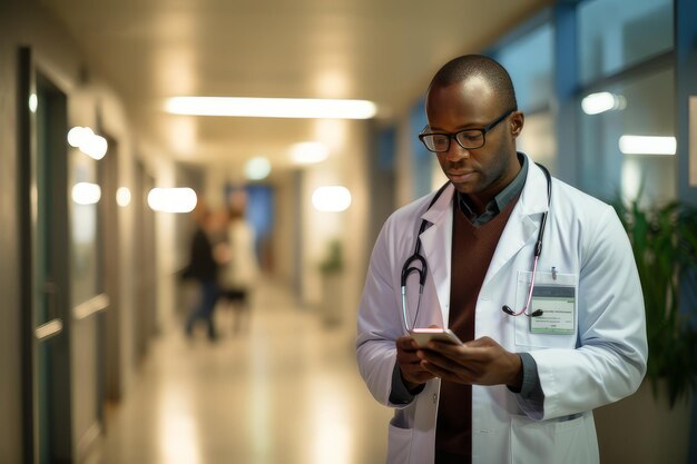 Foto bel giovane medico che guarda il cellulare in un ospedale
