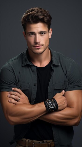 handsome young and fit man in casual clothing and wrist watch posing on grey background