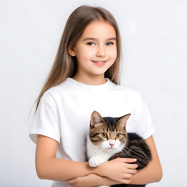 Photo a handsome young girl with cute cat isolated on white background