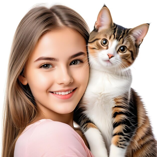 Photo a handsome young girl with cute cat isolated on white background