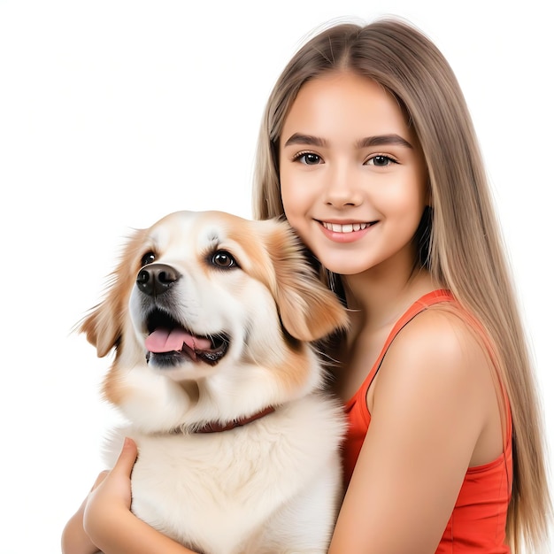 Foto una bella ragazza giovane con un cane carino isolato su uno sfondo bianco