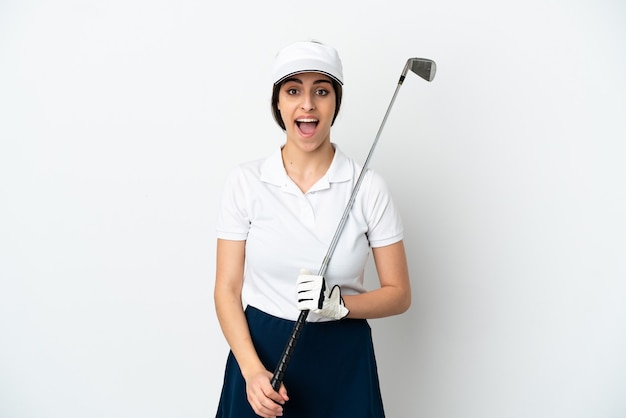 Photo handsome young golfer player woman isolated on white background with surprise facial expression