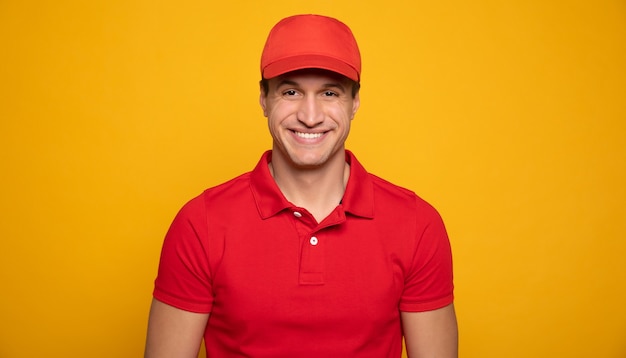 Handsome young happy courier or delivery man in red uniform is posing isolated on yellow background.