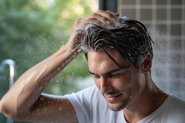 Handsome young man applying shampoo on his hair preparing for a wash