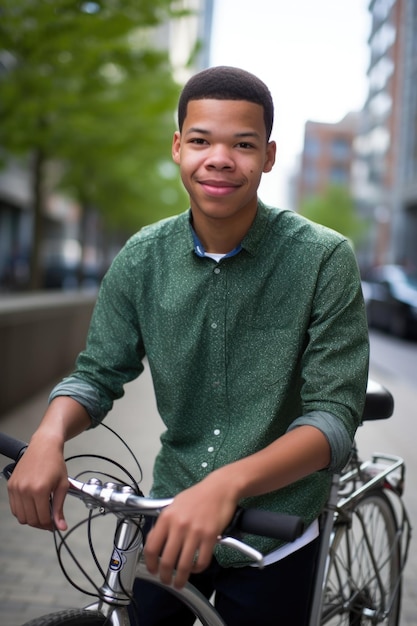 A handsome young man on a bicycle with his bike next to him