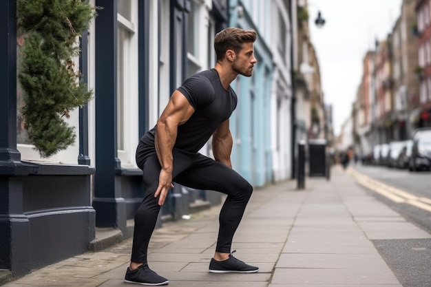 Handsome young man in black sportswear doing stretching exercises outdoors A fitness model doing squats on the street top section cropped side view AI Generated