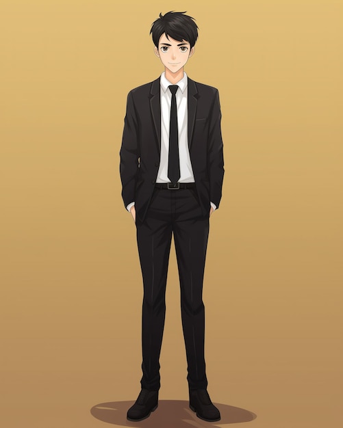 黄色い背景の黒いスーツを着たハンサムな若い男