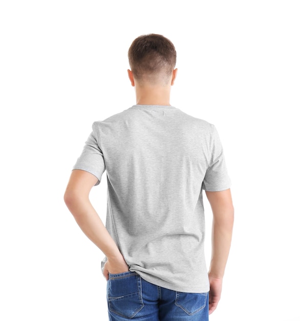 Handsome young man in blank grey tshirt on white background