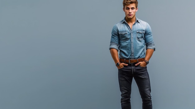 Handsome young man in casual outfit posing against gray background