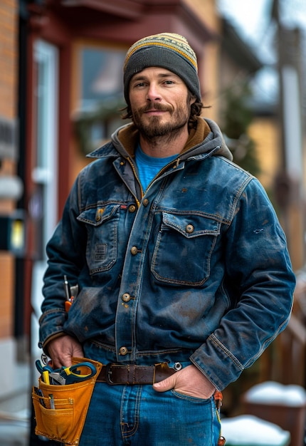 Handsome young man in denim jacket and cap stands on the street with tool box in his hands