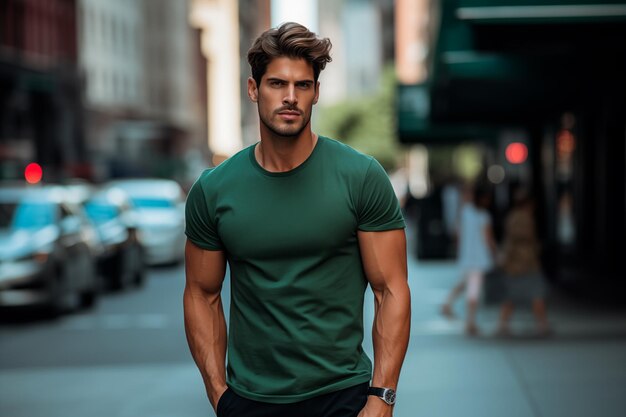 Photo handsome young man green tshirt in the street