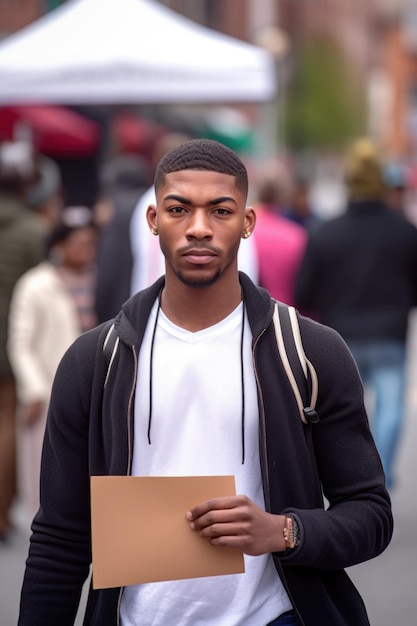 A handsome young man holding open a sign while standing at a protest