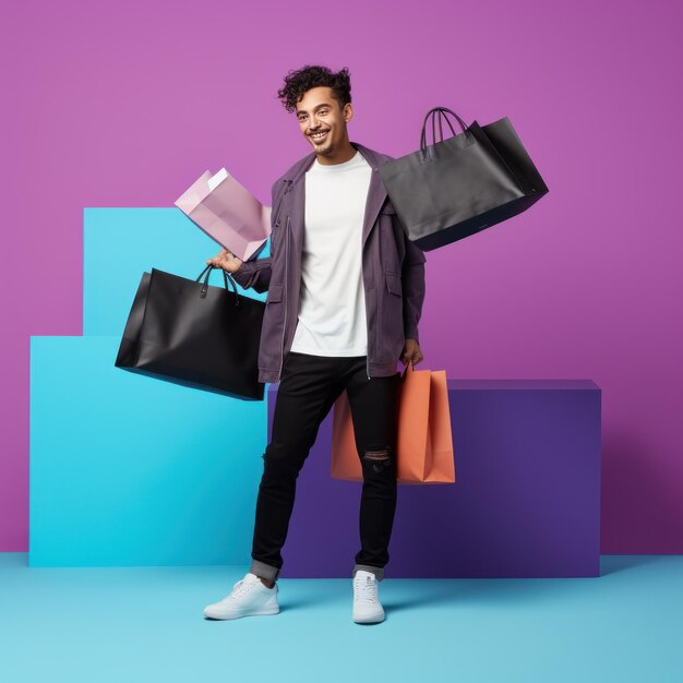 Handsome young man holding shopping bags and looking at camera