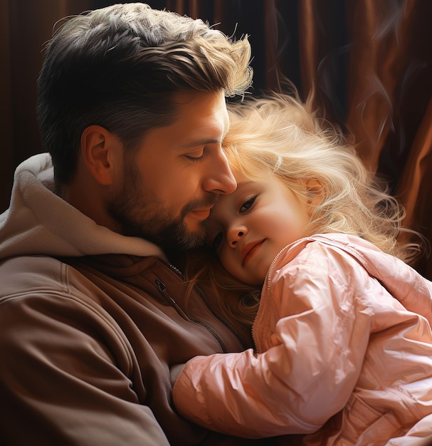 Красивый молодой человек дома со своей маленькой милой девочкой С Днем отца