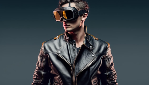 Handsome young man in leather jacket and goggles Studio shot Generative AI