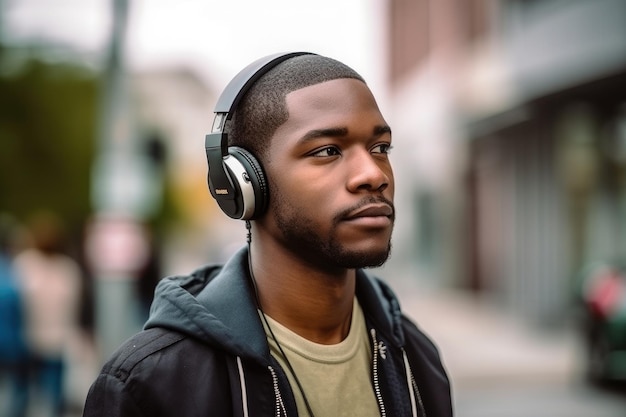 Красивый молодой человек слушает музыку в наушниках, созданную с помощью генеративного ИИ