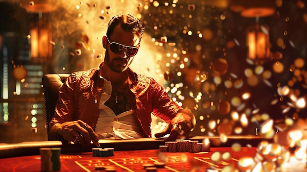 Photo handsome young man playing roulette at night club casino