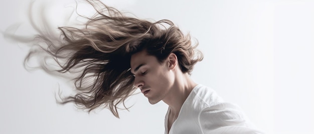 Handsome young man plummets through the air against white background Generative AI