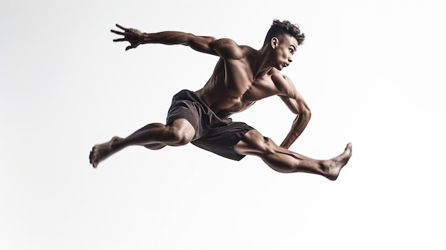 Handsome young man plummets through the air against white background Generative AI