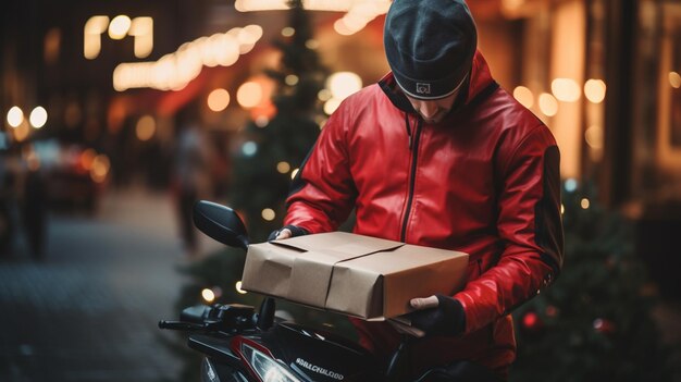 Handsome young man in a red jacket and cap with a parcel on a scooter