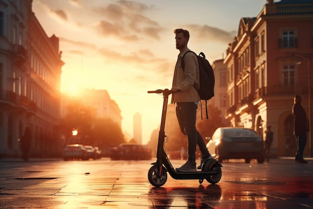 Handsome young man riding electric scooter in the city