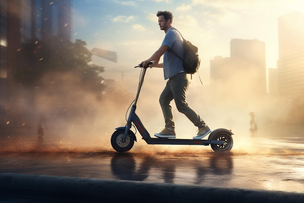 Handsome young man riding electric scooter in the city