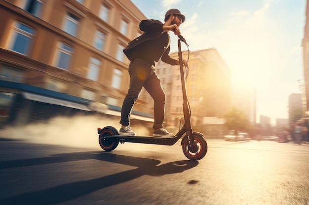 Handsome young man riding electric scooter in the city