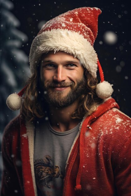 Handsome young man in Santa Claus hat standing outdoors and smiling