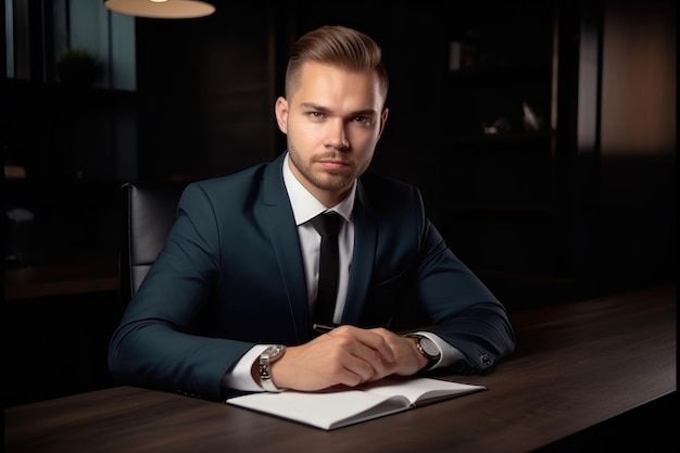 A handsome young man sitting at his work desk with a tablet created with generative ai