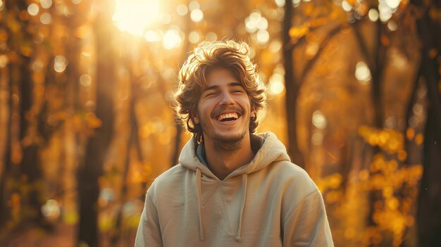 Photo handsome young man smiling in lush forest setting