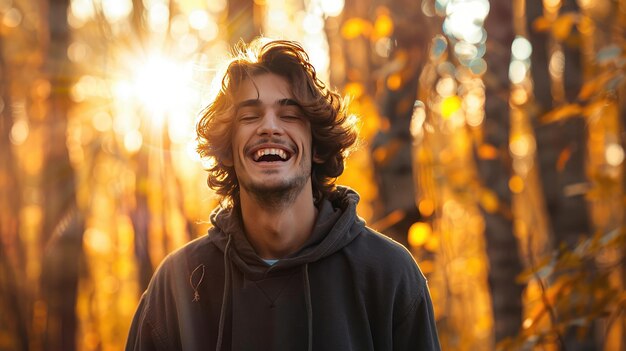 Foto un bel giovane che sorride in una foresta lussureggiante