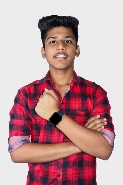 handsome young man standing wearing smart watch showing thumb up .