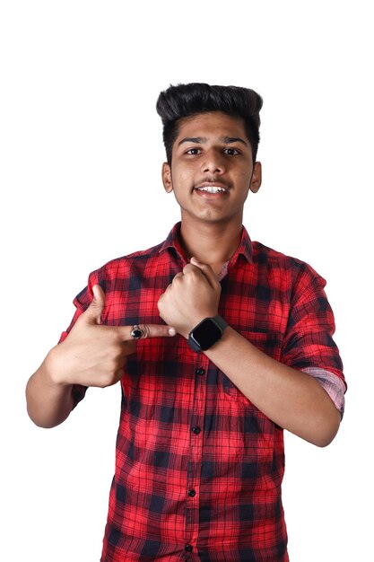 handsome young man standing wearing smart watch showing thumb up .