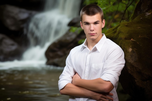 A handsome young man standing with his arms folded in front of a waterfall