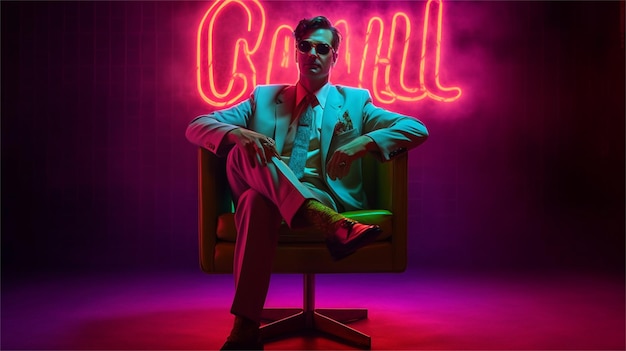 Handsome young man in a suit sitting in an armchair with a neon sign