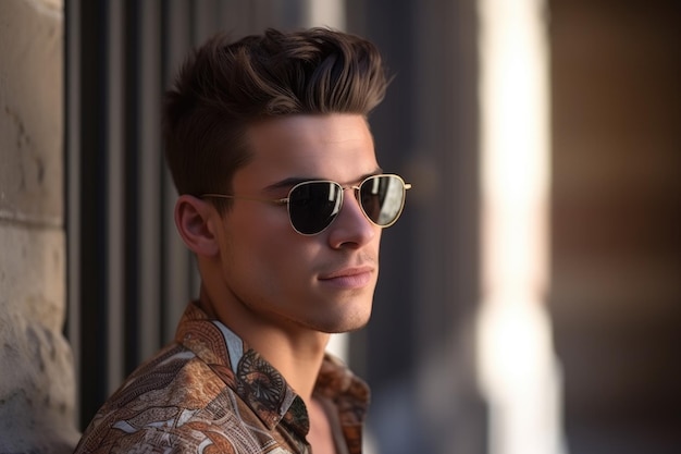 A handsome young man in sunglasses looking away from the camera created with generative ai