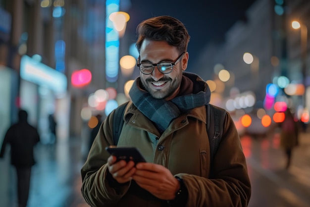 A handsome young man texting and using on his mobile at night Ai generative