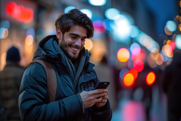 A handsome young man texting and using on his mobile at night Ai generative