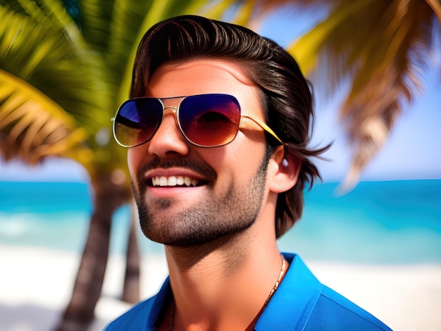 Handsome young man on tropical beach Summer vacation Generative Ai