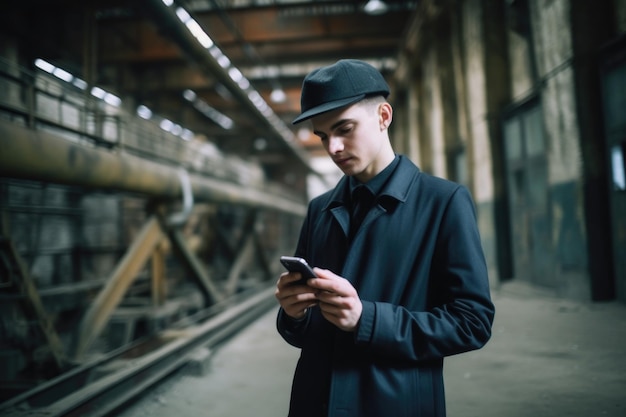 Handsome young man using his phone while exploring a factory