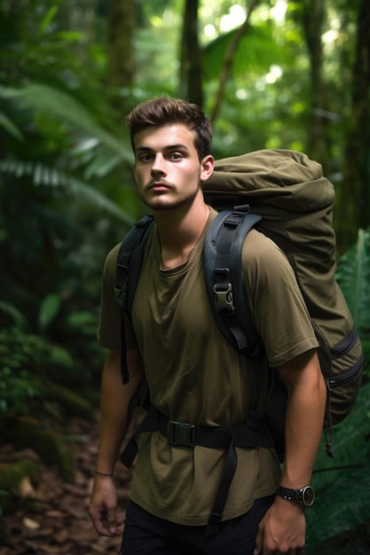 Handsome young man walking through a jungle with a backpack created with generative ai