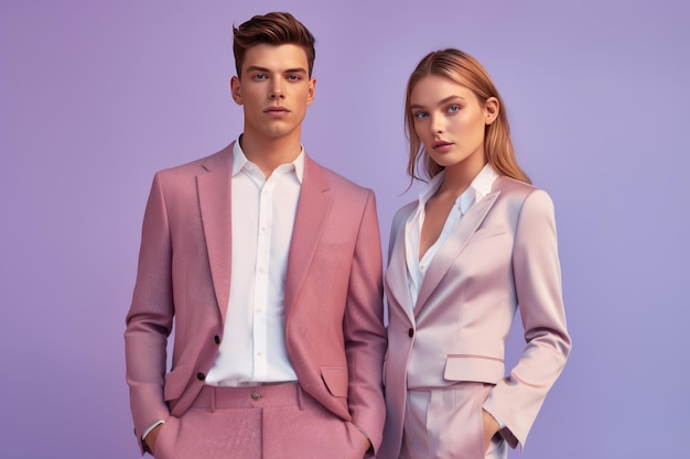 Handsome young man wearing suit posing with beautiful woman