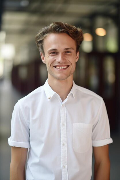 Photo a handsome young man wearing a white shirt standing in the street smiling at the camera