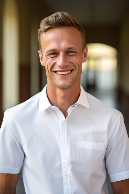 Photo a handsome young man wearing a white shirt standing in the street smiling at the camera