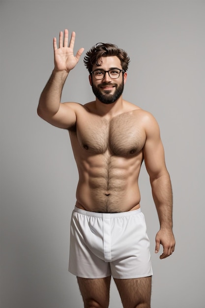 Handsome young man in white underwear waving his hand and smiling