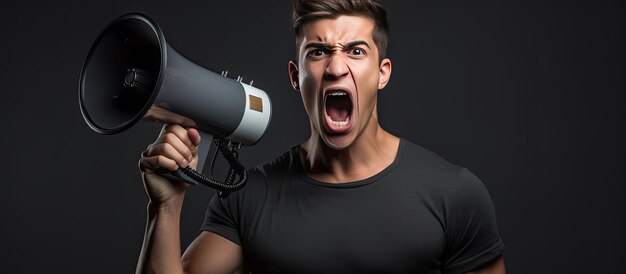 Handsome young man wins the day with a megaphone