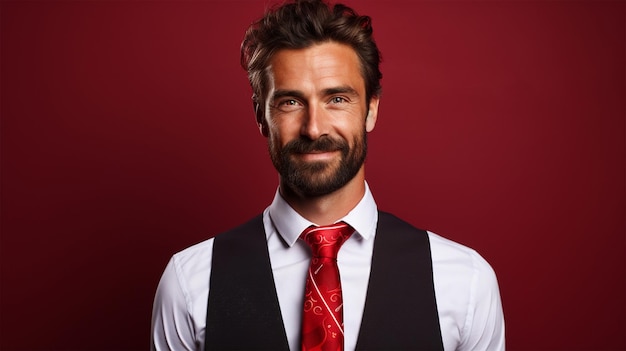 Фото Красивый молодой человек с бородой в обычной одежде на красном фоне с счастливой и прохладной улыбкой