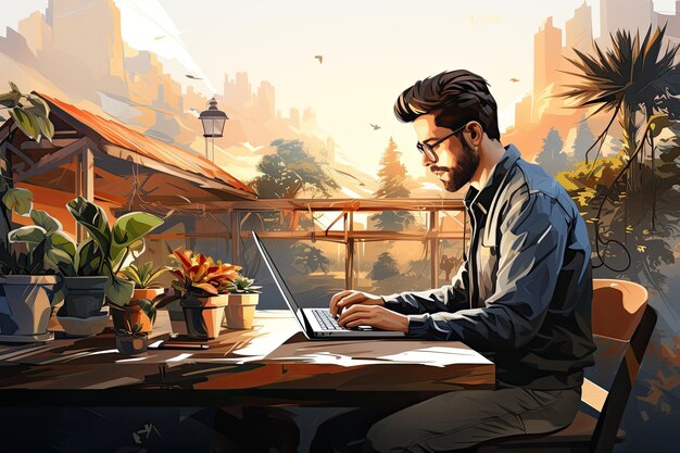 Красивый молодой человек с бородой работает на ноутбуке или просматривает электронную почту фрилансер генеративный ИИ