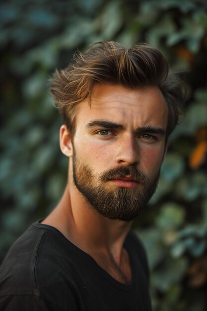 Handsome young man with beard and moustache on serious face outdoor